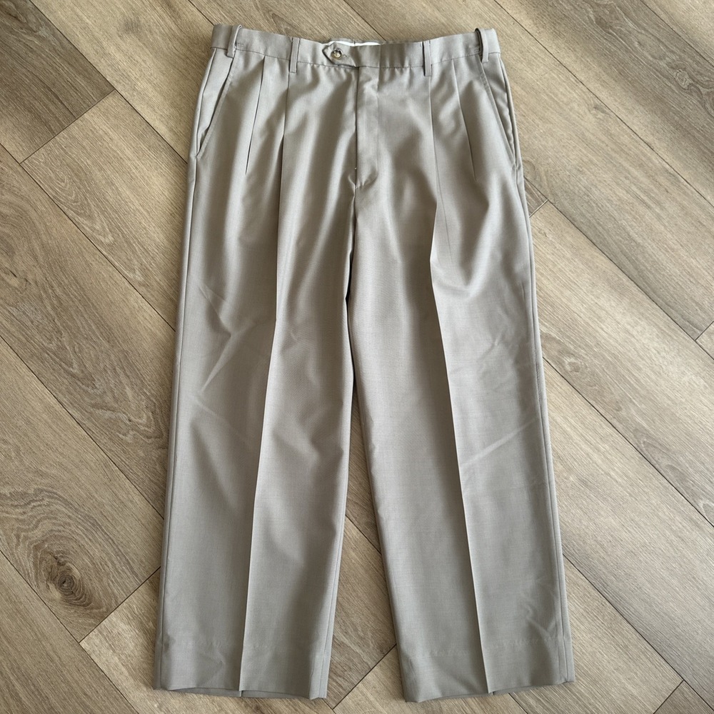 Berle Men's Wool Blend Pleated Dress Pants Beige Slacks Executive 38x27"